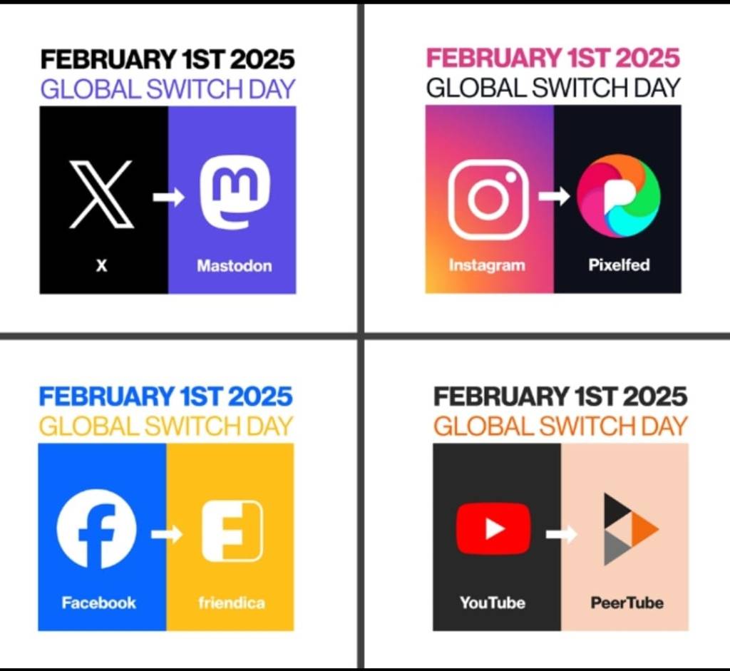 X> Mastodon | Instagram > Pixelfed | Facebook > Friendica | Youtube > Peertube